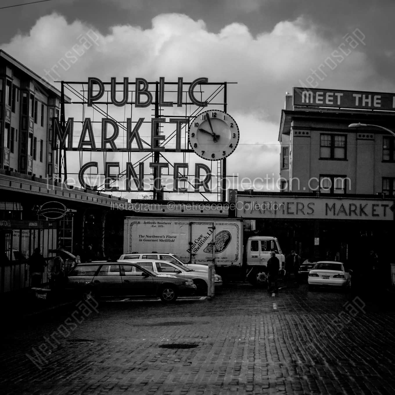 The Public Market Center Sign at Pike and First landscape black and white Photography square crop