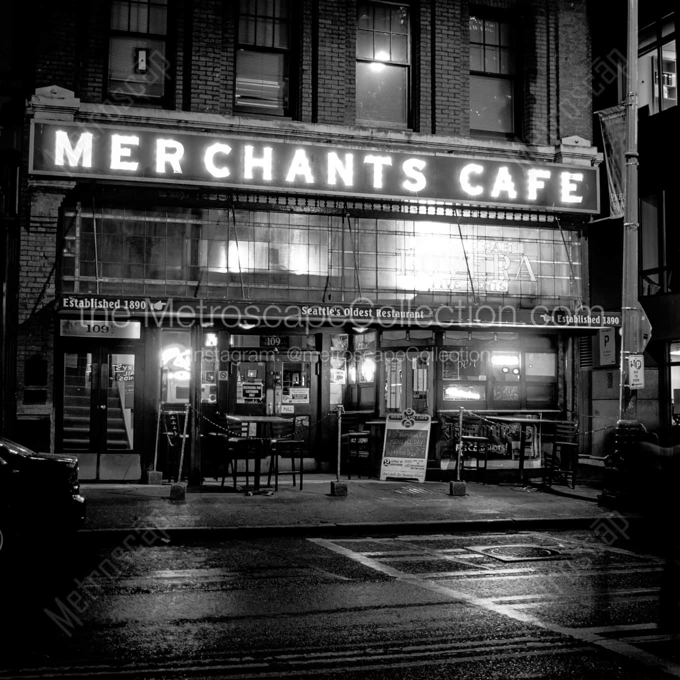 Seattle's Oldest Restaurant Merchants Cafe landscape black and white Photography square crop