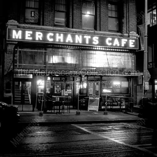 Matte Black WOOD Framed Black and White Seattle Photograph: Seattle's Oldest Restaurant Merchants Cafe in a Square Matte Black Wood Frame