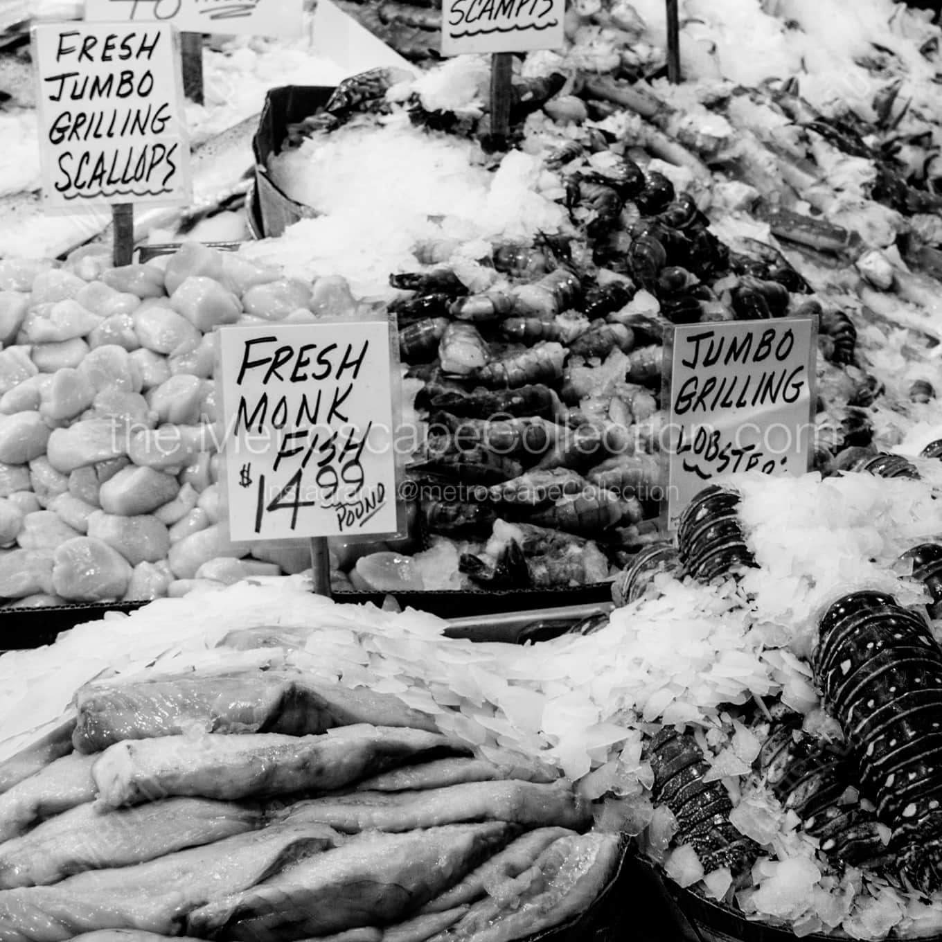 Fresh Fish at Seattle Public Market landscape black and white Photography Fresh Fish at Seattle Public Market landscape black and white Photography square crop