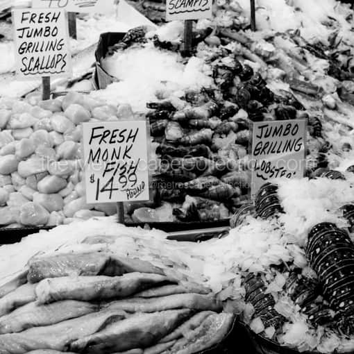 Matte Black WOOD Framed Black and White Seattle Photograph: Fresh Fish at Seattle Public Market in a Square Matte Black Wood Frame