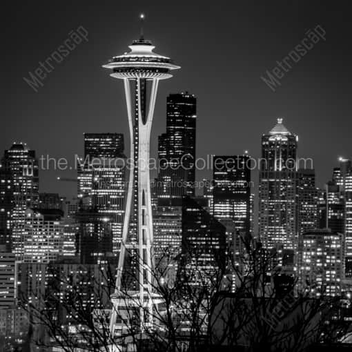 Matte Black WOOD Framed Black and White Seattle Photograph: The Seattle Space Needle in a Square Matte Black Wood Frame