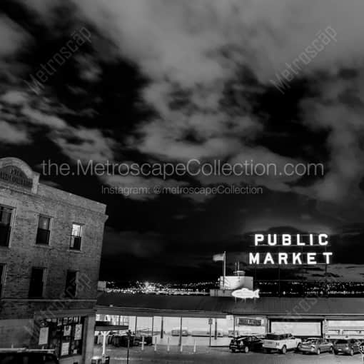 Matte Black WOOD Framed Black and White Seattle Photograph: The Seattle Public Market Sign at Night in a Square Matte Black Wood Frame