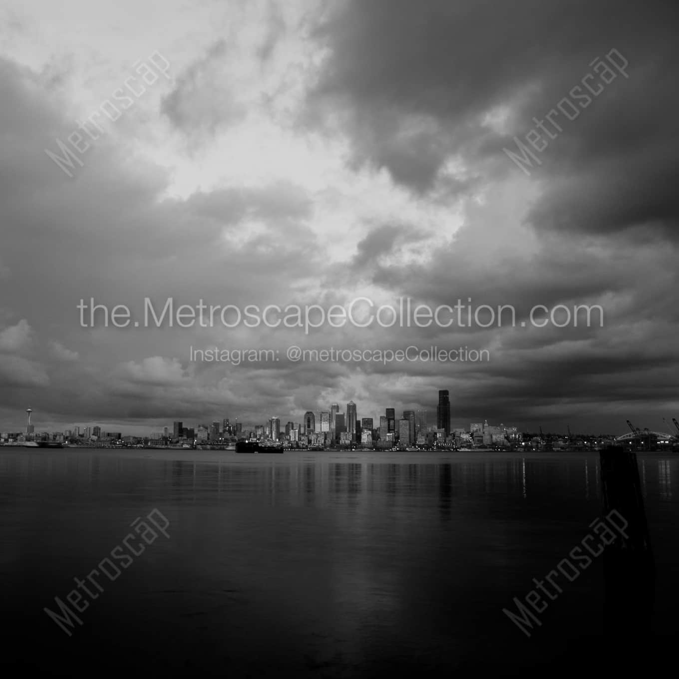 The Seattle Skyline Just Before Dusk landscape black and white Photography square crop