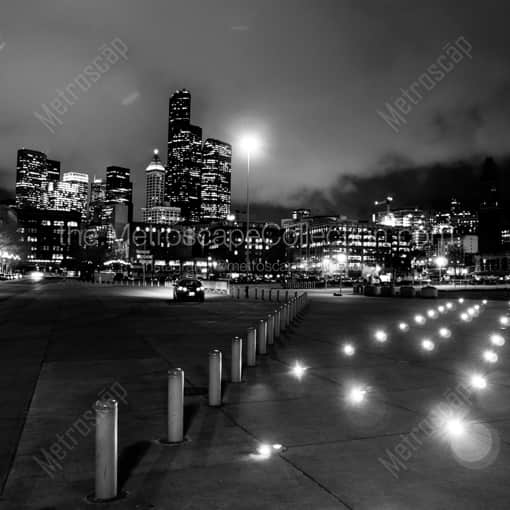 Matte Black WOOD Framed Black and White Seattle Photograph: The Seattle Skyline from Qwest Parkling Lot in a Square Matte Black Wood Frame