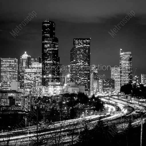 Matte Black WOOD Framed Black and White Seattle Photograph: The Seattle Skyline from Rizal Park in a Square Matte Black Wood Frame