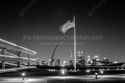 The American Flag Above the Gateway Arch -- St Louis Black and White Photos