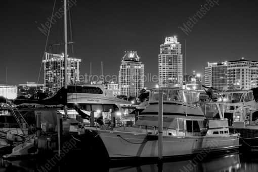 The St Pete Skyline and Marina at Night -- St Petersburg Black and White Photography
