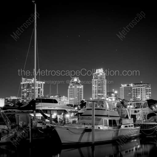 Matte Black WOOD Framed Black and White St Petersburg Photograph: The St Petersburg Skyline and Marina in a Square Matte Black Wood Frame