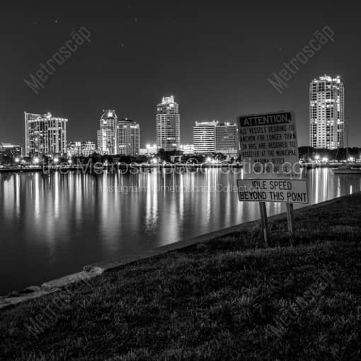 Matte Black WOOD Framed Black and White St Petersburg Photograph: The Downtown St Petersburg Skyline at Night in a Square Matte Black Wood Frame