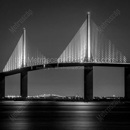 Matte Black WOOD Framed Black and White St Petersburg Photograph: The Sunshine Skyway Bridge at Night in a Square Matte Black Wood Frame
