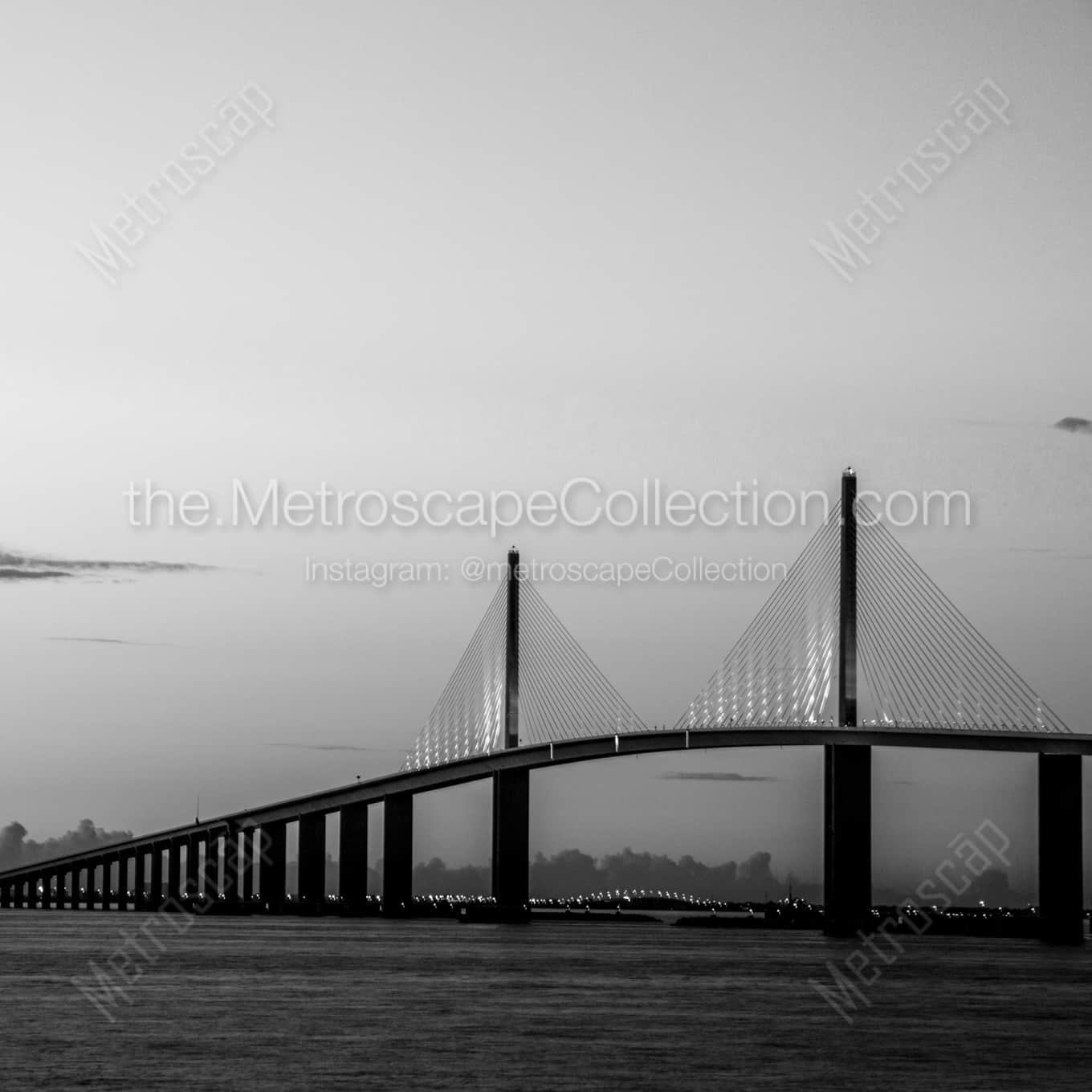 The Sunshine Skyway Bridge at Dusk landscape black and white Photography square crop