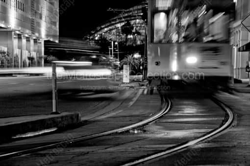 Tampa Black and White Photography of A Taxi and Street Car Converge on Channelside A Taxi and Street Car Converge on Channelside -- Tampa Black and White Photography