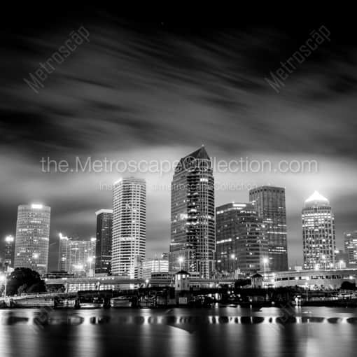 Matte Black WOOD Framed Black and White Tampa Photograph: The Downtown Tampa Skyline at Night in a Square Matte Black Wood Frame