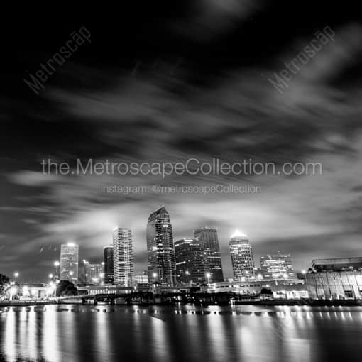 Matte Black WOOD Framed Black and White Tampa Photograph: The Tampa Skyline at Night in a Square Matte Black Wood Frame