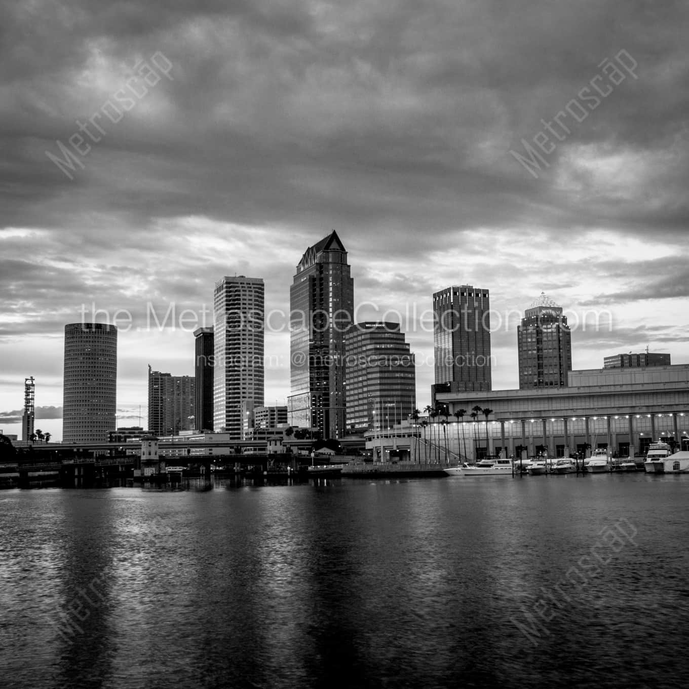 The Downtown Tampa Skyline at Dusk landscape black and white Photography square crop