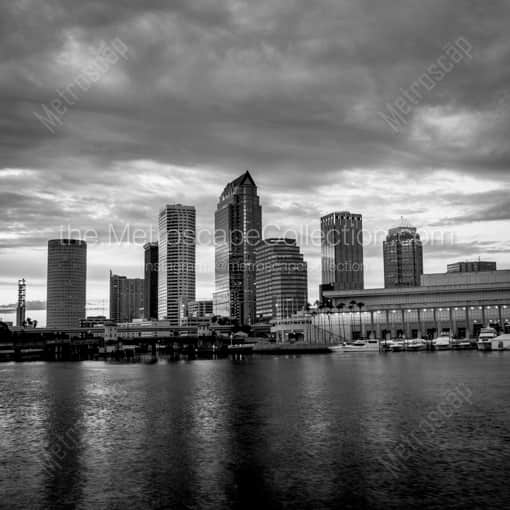 Matte Black WOOD Framed Black and White Tampa Photograph: The Downtown Tampa Skyline at Dusk in a Square Matte Black Wood Frame
