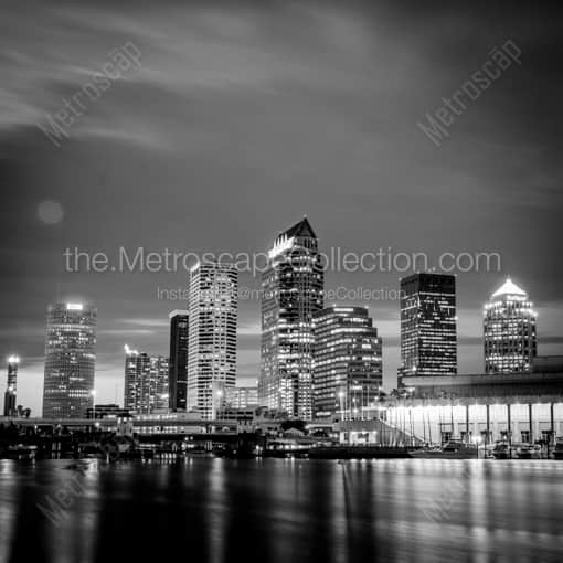 Matte Black WOOD Framed Black and White Tampa Photograph: Downtown Tampa at Night in a Square Matte Black Wood Frame