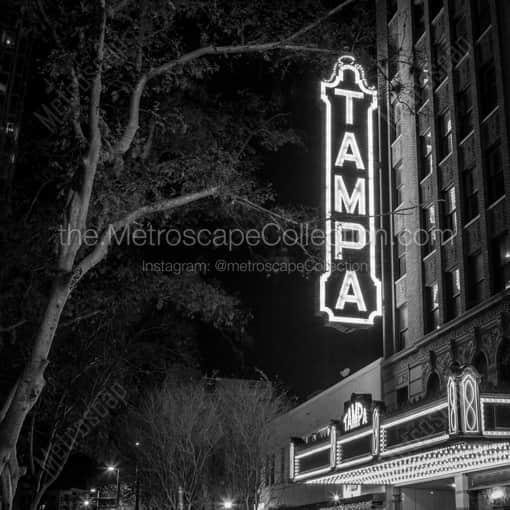 Matte Black WOOD Framed Black and White Tampa Photograph: The Tampa Theater at Night in a Square Matte Black Wood Frame
