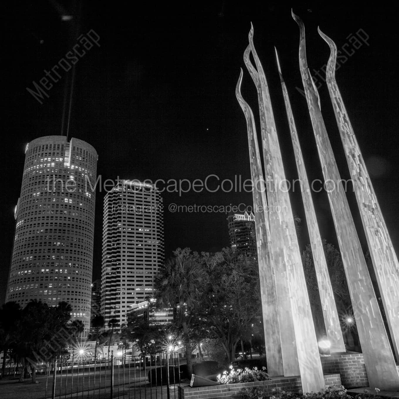 The Sticks of Fire Sculpture at Night landscape black and white Photography square crop