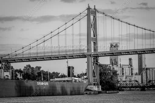 Toledo Black and White Photography of The Anthony Wayne Bridge and Cleveland-Cliffs Barge on the Maumee The Anthony Wayne Bridge and Cleveland-Cliffs Barge on the Maumee -- Toledo Black and White Photography