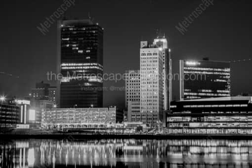 Toledo Black and White Photography of The Tower on the Maumee and Riverfront Apartments buildings at Night The Tower on the Maumee and Riverfront Apartments buildings at Night -- Toledo Black and White Photography