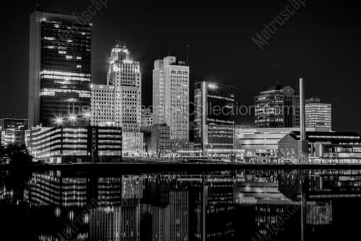 Toledo Black and White Photography of The Toledo Skyline at Night Reflecting into a Still Maumee River The Toledo Skyline at Night Reflecting into a Still Maumee River -- Toledo Black and White Photography