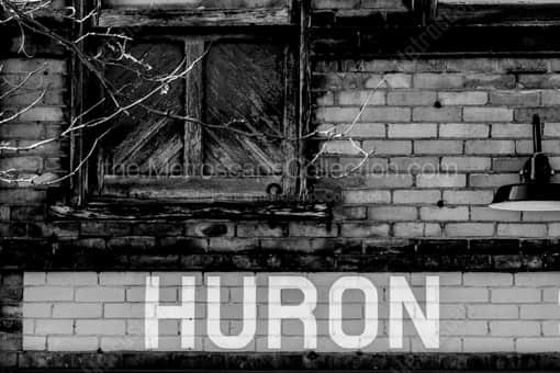 Toledo Black and White Photography of A Huron Street Sign Painted onto a Building in Downtown Toledo A Huron Street Sign Painted onto a Building in Downtown Toledo -- Toledo Black and White Photography