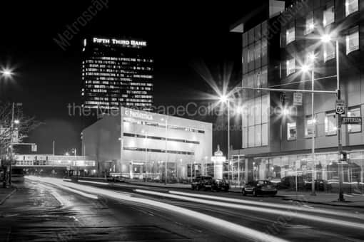 Toledo Black and White Photography of Summit Street Traffic at Levis Square at Night Summit Street Traffic at Levis Square at Night -- Toledo Black and White Photography