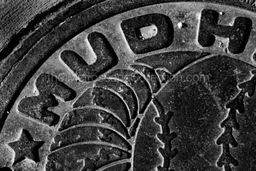 Toledo Black and White Photography of A Mudhens Manhole Cover outside of FifthThird Field A Mudhens Manhole Cover outside of FifthThird Field -- Toledo Black and White Photography