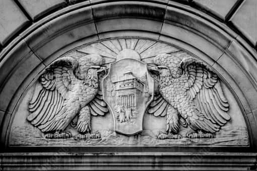 Toledo Black and White Photography of A Fort Meigs Relief above the Huntington Building Main Entrance A Fort Meigs Relief above the Huntington Building Main Entrance -- Toledo Black and White Photography