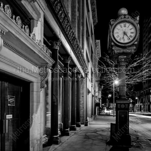 Matte Black WOOD Framed Black and White Toledo Photograph: A Clock on Summit Street in Fort Industry Square in a Square Matte Black Wood Frame