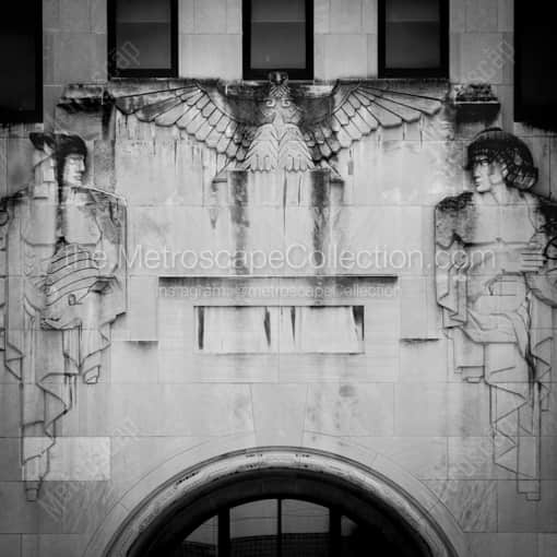 Matte Black WOOD Framed Black and White Toledo Photograph: Geometric Etchings above the Entrance of the PNC Bank Building in a Square Matte Black Wood Frame