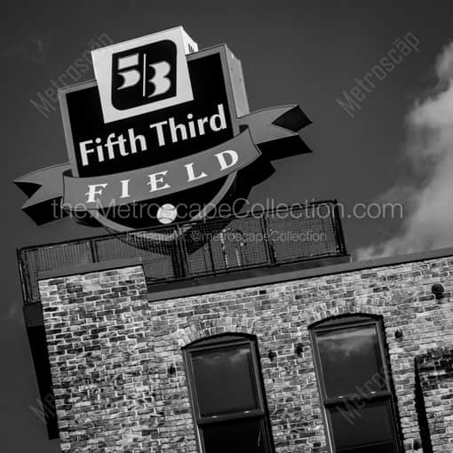 Matte Black WOOD Framed Black and White Toledo Photograph: The Fifth Third Field Sign in a Square Matte Black Wood Frame
