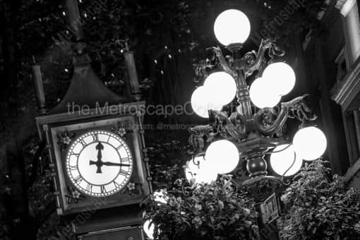The Gastown Steam Clock at Night -- Vancouver Black and White Photography