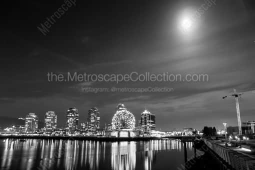 Vancouver Black and White Photography of The Moon Illuminates the TELUS Science World Dome at Night The Moon Illuminates the TELUS Science World Dome at Night -- Vancouver Black and White Photography