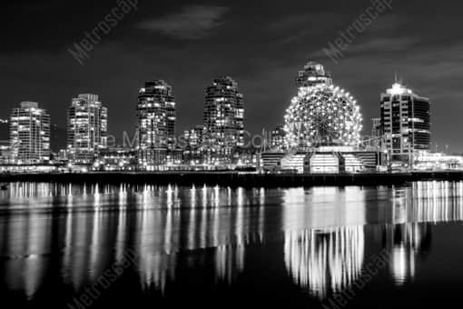 Vancouver Black and White Photography of The TELUS Science World Dome Reflects Off of False Creek The TELUS Science World Dome Reflects Off of False Creek -- Vancouver Black and White Photography