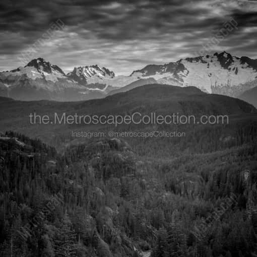 Matte Black WOOD Framed Black and White Vancouver Photograph: Glacier Covered Mountain Peaks near Squamish BC in a Square Matte Black Wood Frame