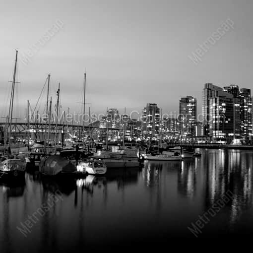 Matte Black WOOD Framed Black and White Vancouver Photograph: Sailboats Docked on False Creek in Downtown Vancouver in a Square Matte Black Wood Frame