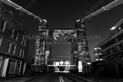 Wheeling WV Suspension Bridge at Night -- Wheeling WV Black and White Photos