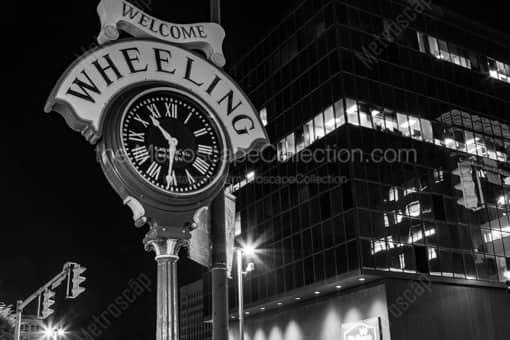 The Welcome to Wheeling Clock at Night -- Wheeling WV Black and White Photos