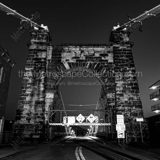 Matte Black WOOD Framed Black and White Wheeling WV Photograph: Wheeling WV Suspension Bridge at Night in a Square Matte Black Wood Frame