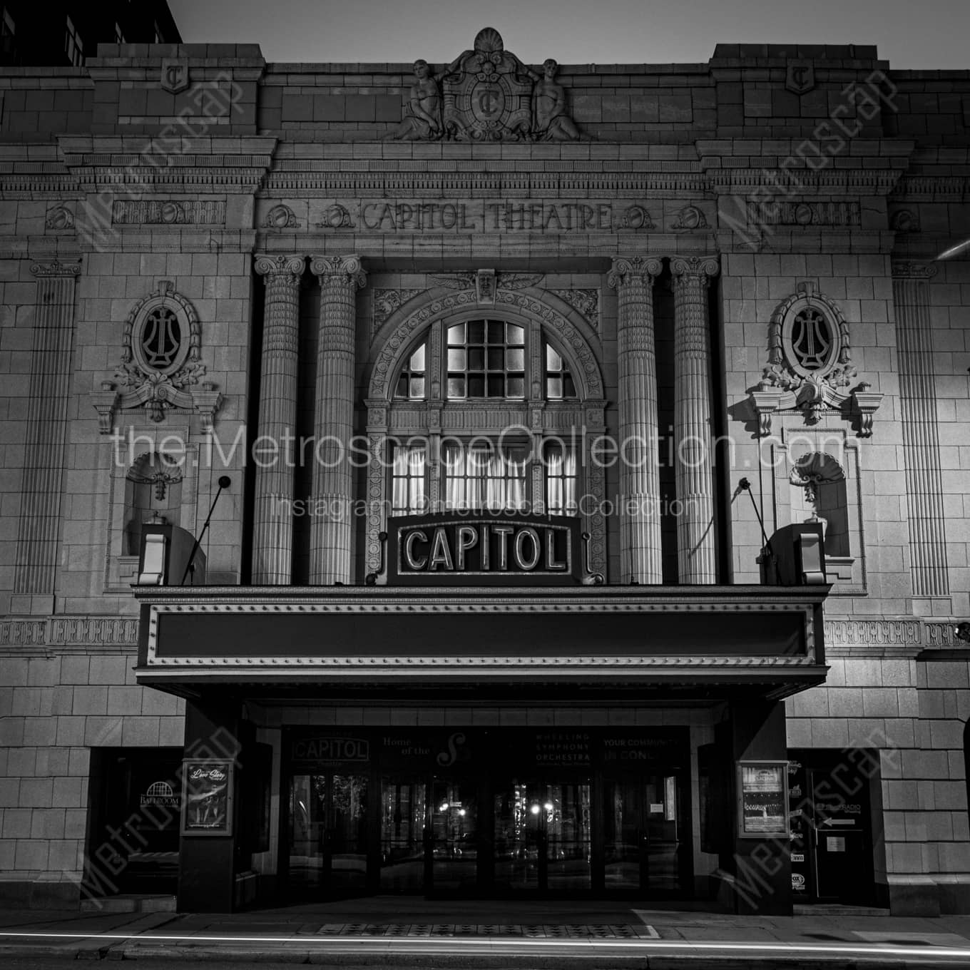 Wheeling Capitol Music Hall at Night landscape black and white Photography Wheeling Capitol Music Hall at Night landscape black and white Photography square crop