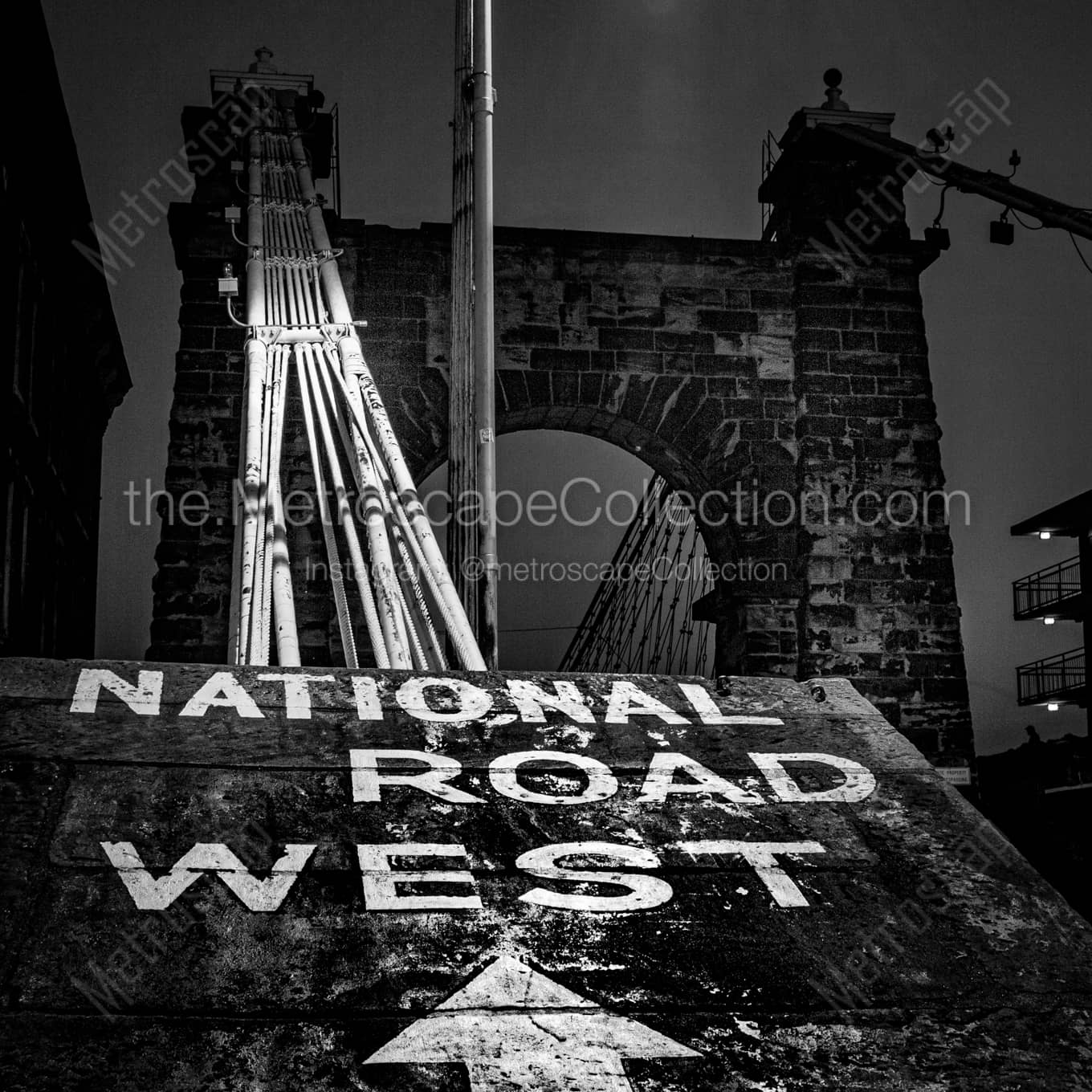 Wheeling Suspension Bridge at Night landscape black and white Photography square crop