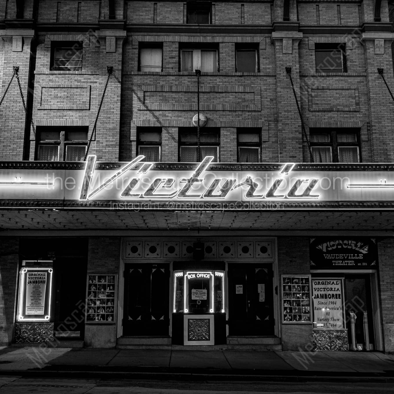 The Victoria Vaudville Theater at Night landscape black and white Photography square crop