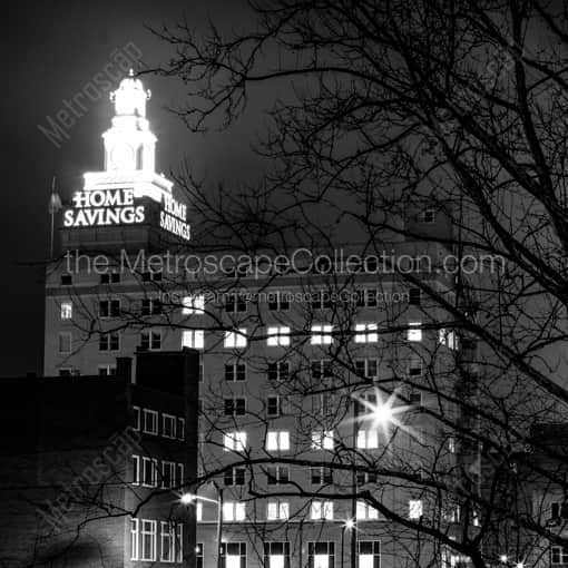 Matte Black WOOD Framed Black and White Youngstown Photograph: The Home Savings Bank Building in a Square Matte Black Wood Frame