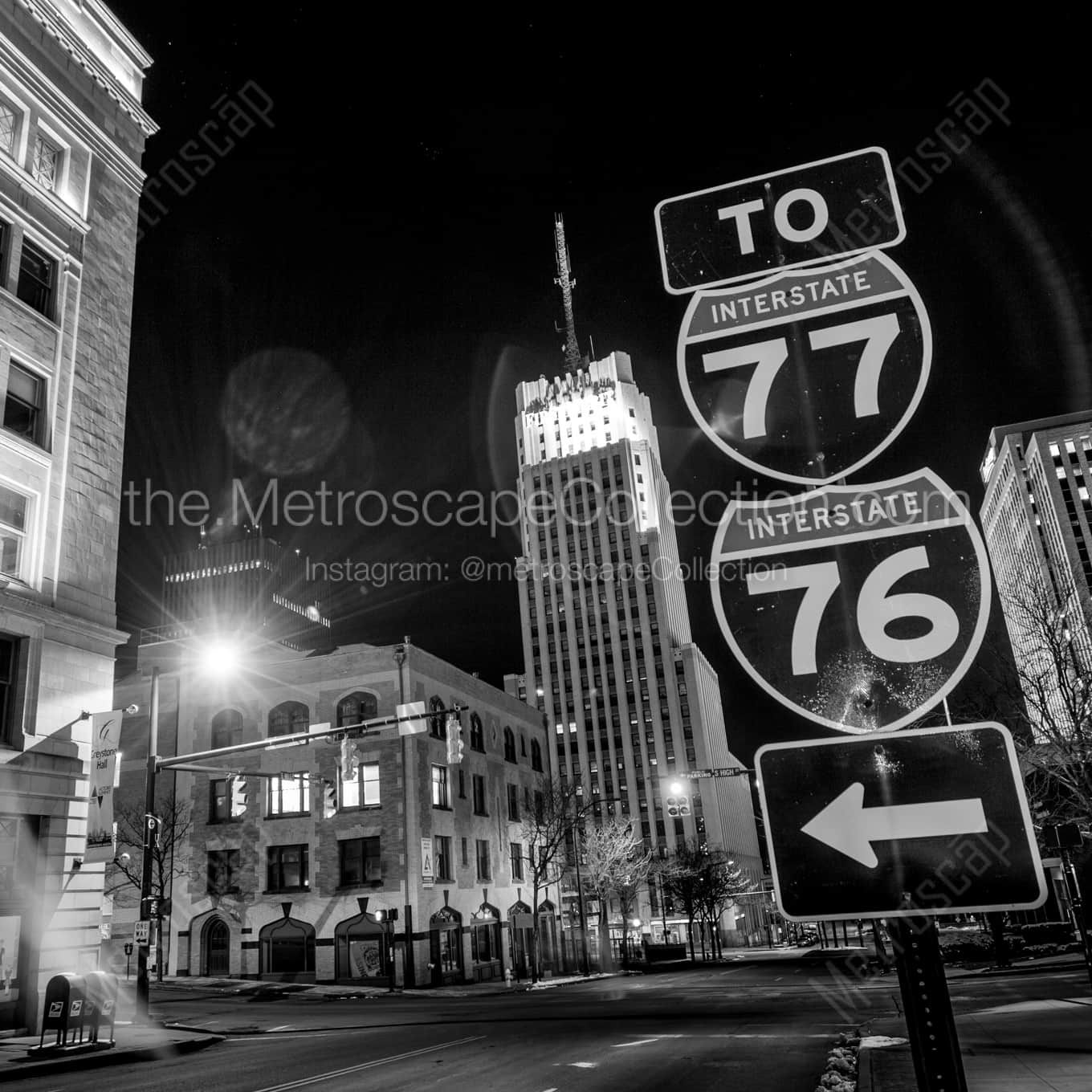 Downtown Akron Ohio night time black and white Photography square crop
