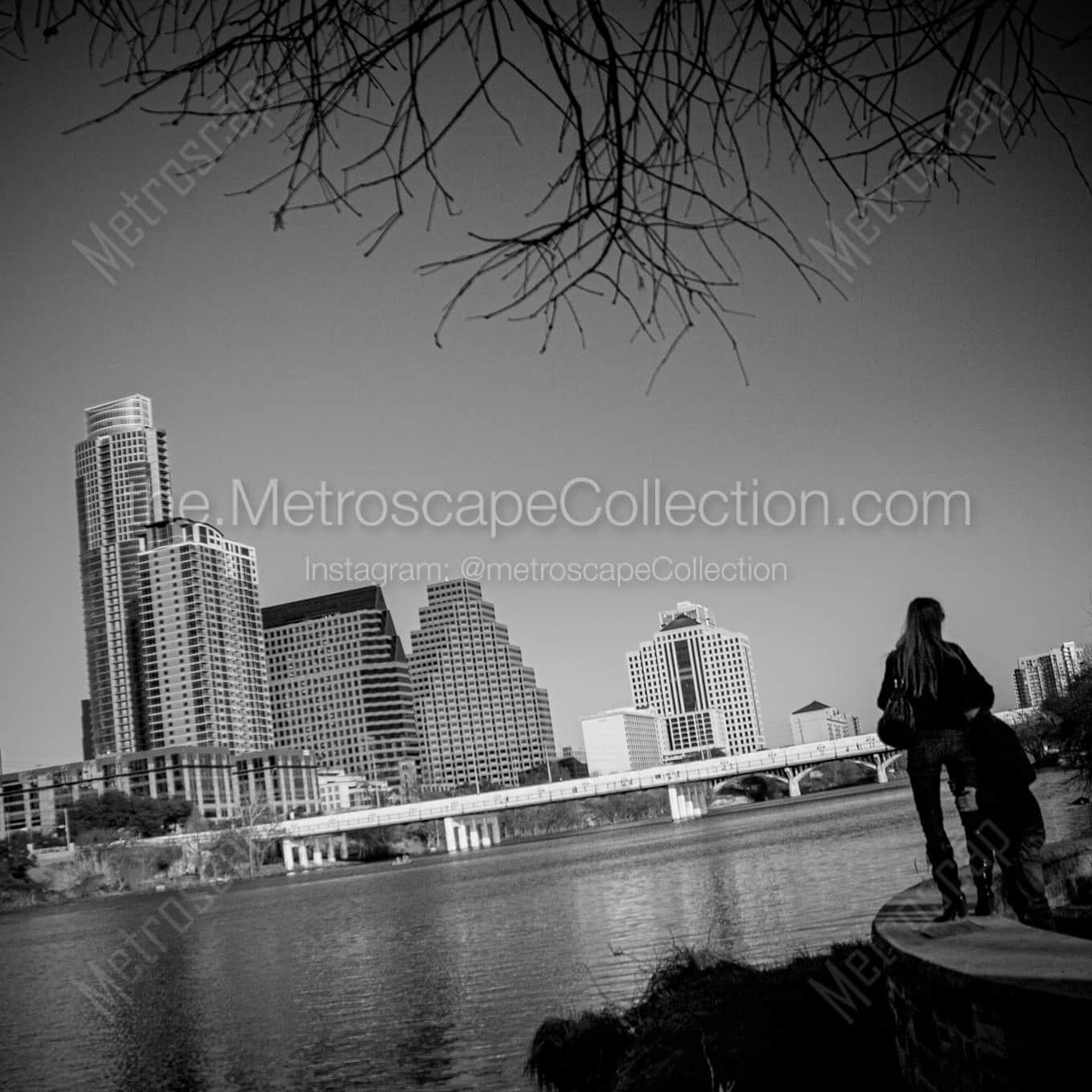 A Couple Enjoys the Afternoon Austin Skyline night time black and white Photography square crop