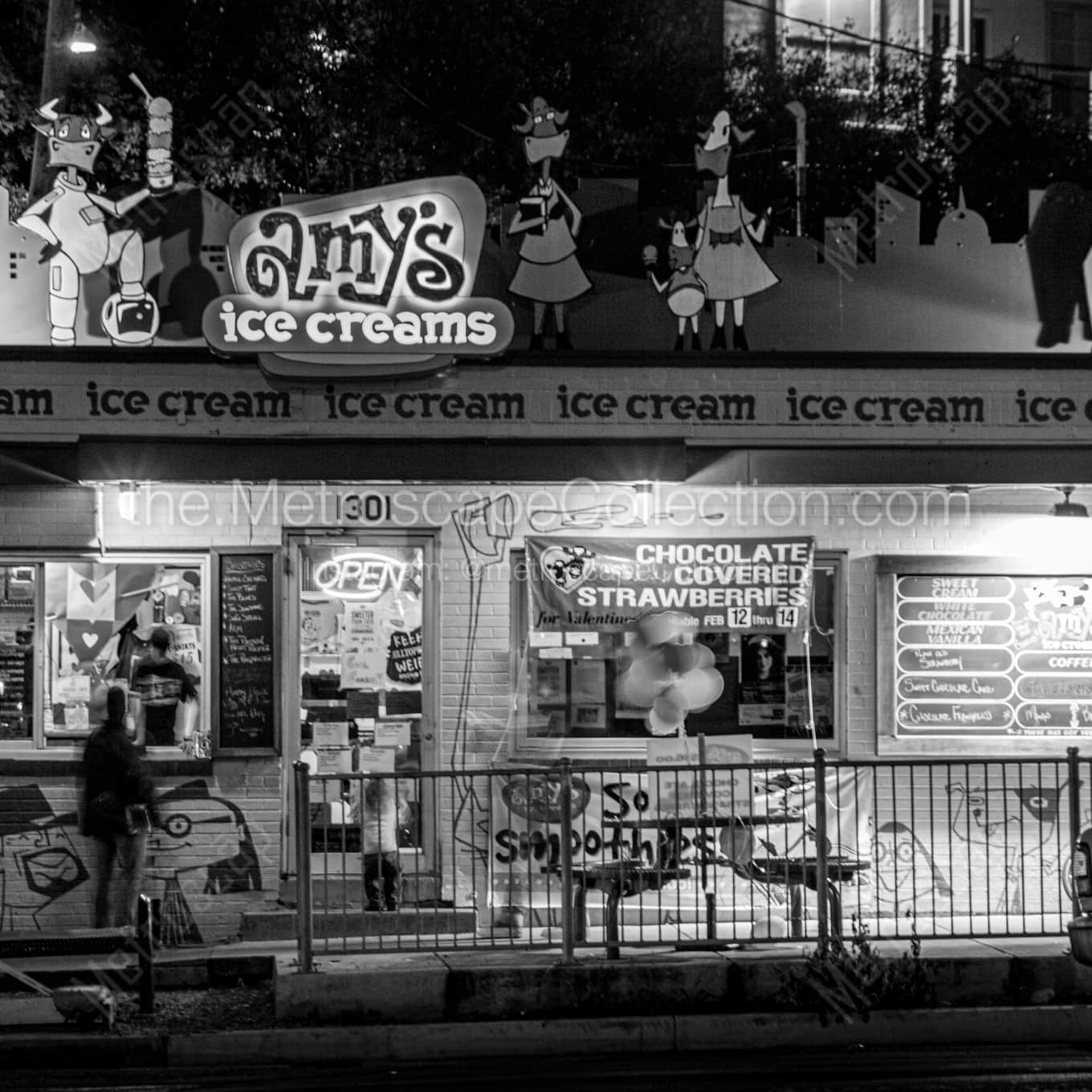 Amys Ice Creams in SoCo night time black and white Photography square crop