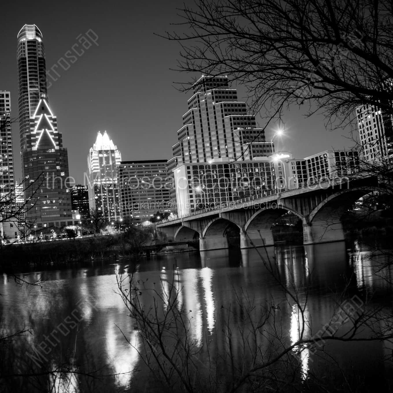 The Austin Skyline and Congress Ave Bridge night time black and white Photography square crop